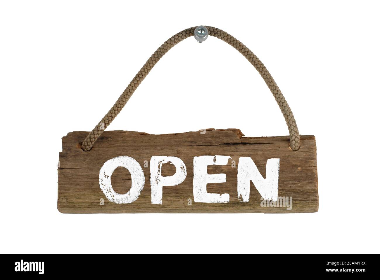 Wooden sign showing Open hanging on rope Stock Photo Alamy