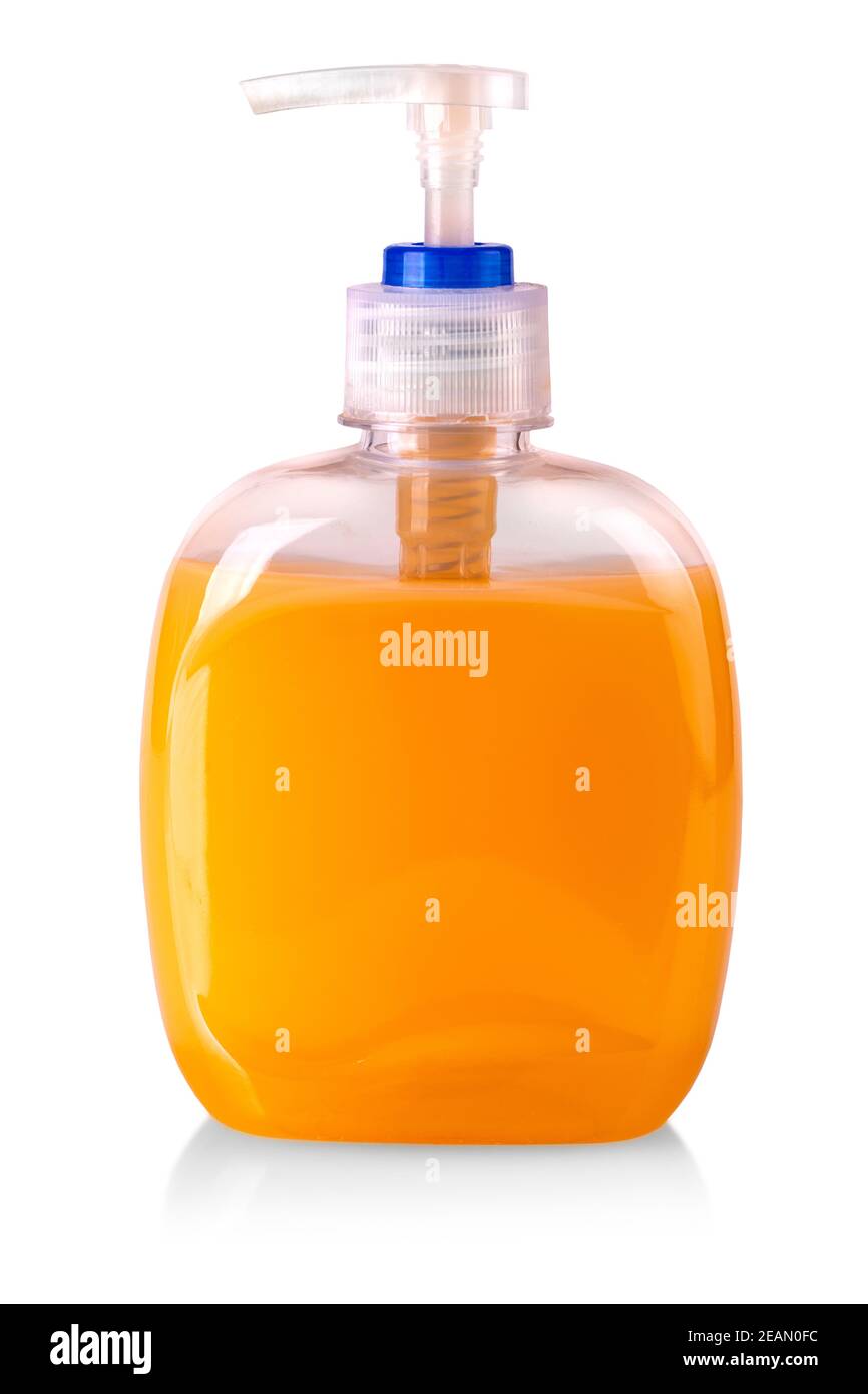 lastic bottle of the orange transparent liquid soap isolated on white background Stock Photo