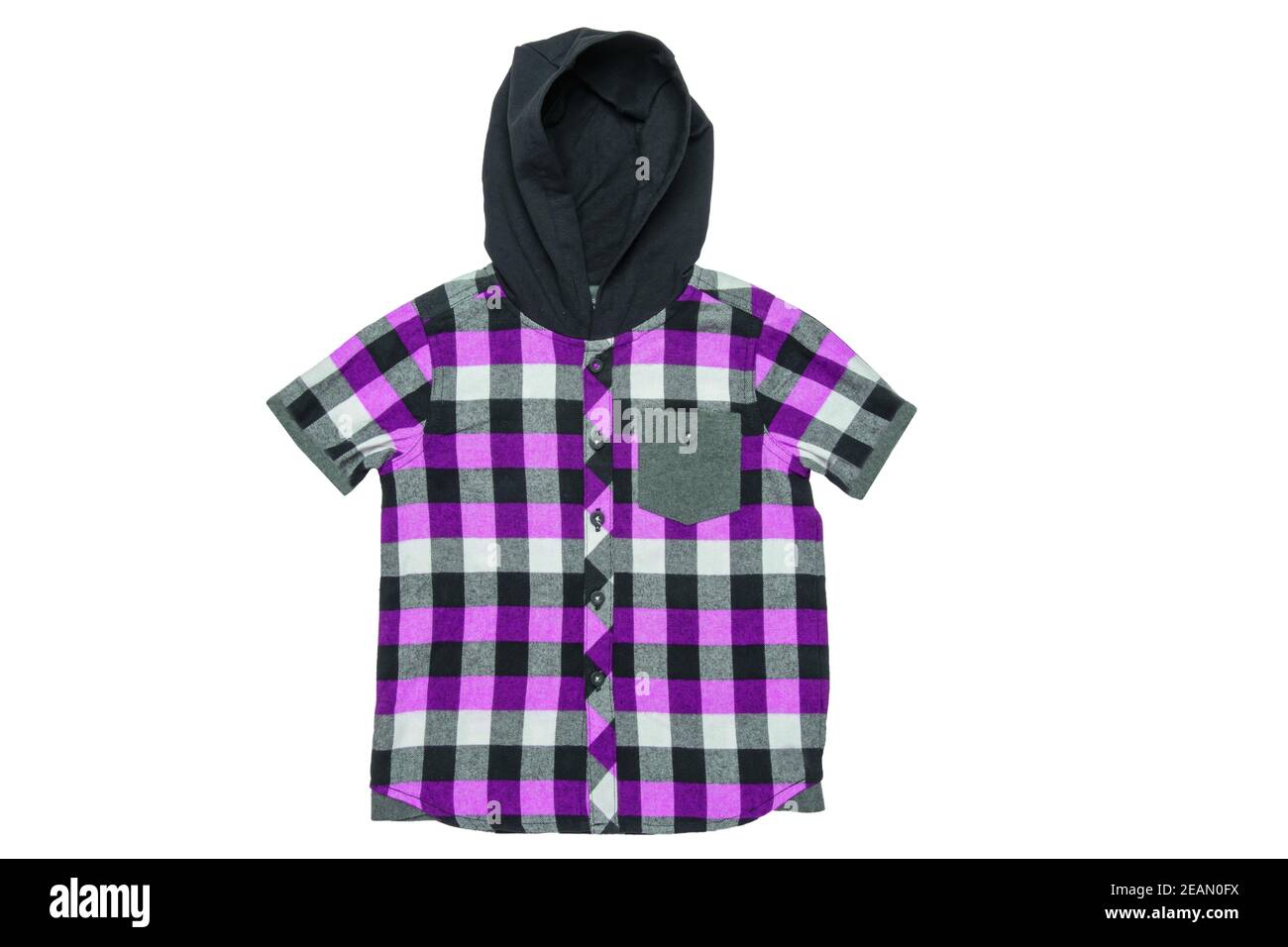 Hoodie isolated. Close-up of a trendy violet checkered hoodie shirt for boy isolated on a white background. Childrens spring, autumn and winter fashion. Stock Photo