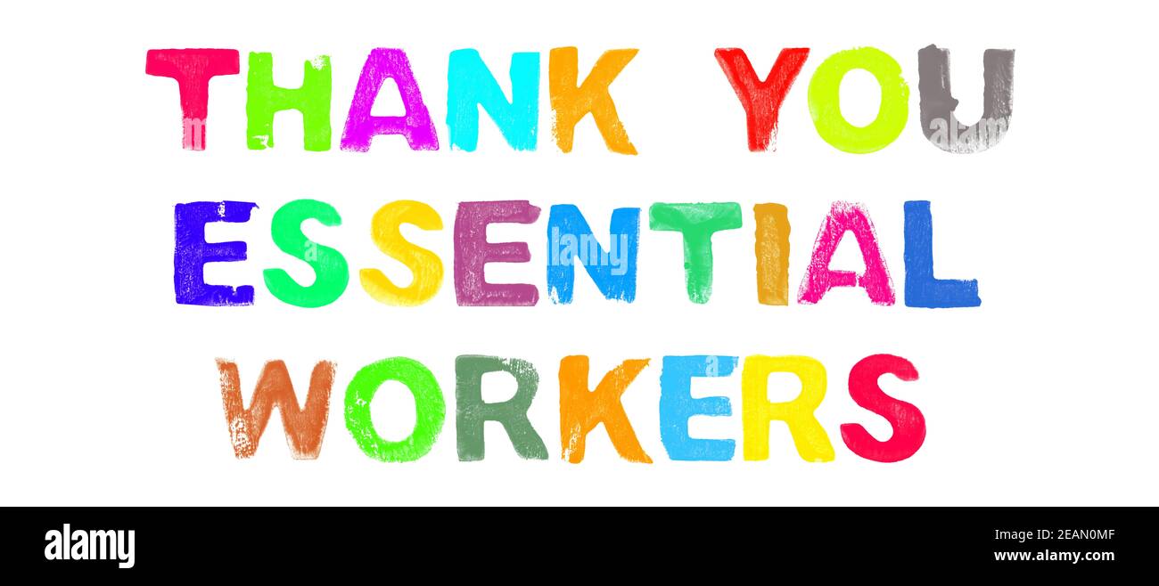 Thank you Essential Workers Text with colorful stencil letters Stock