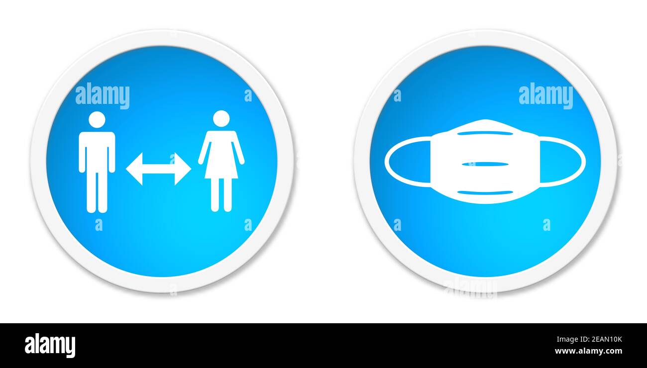 Round blue Buttons showing icon of Social Distancing and Face Mask ...