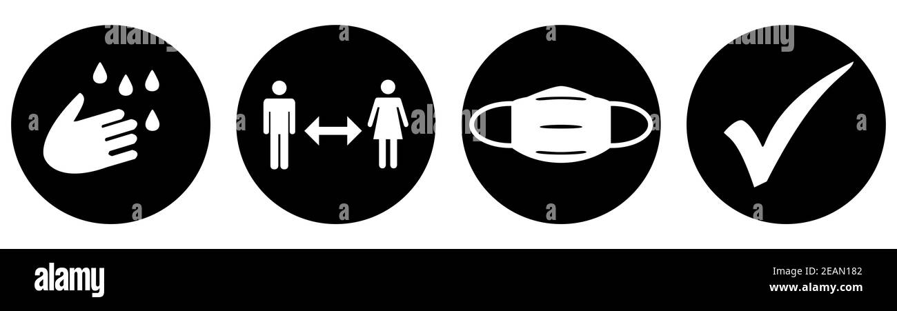 Coronavirus Protection Buttons: Hand Washing, Social Distancing and Wearing a Mask with Check Mark Stock Photo