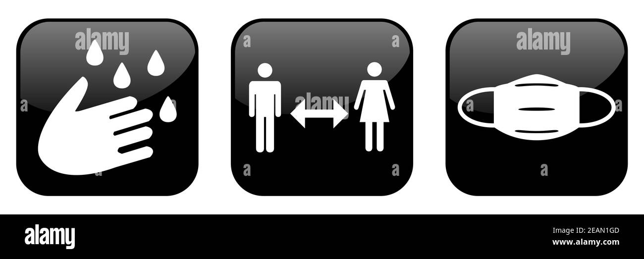 3 black buttons showing coronavirus tips: Wash your Hands, Keep your Distance and wear a Mask Stock Photo