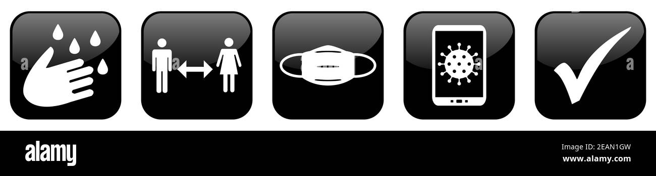 3 black buttons showing coronavirus tips: Wash your Hands, Keep your Distance, Wear a Mask and use Coronavirus-App Stock Photo