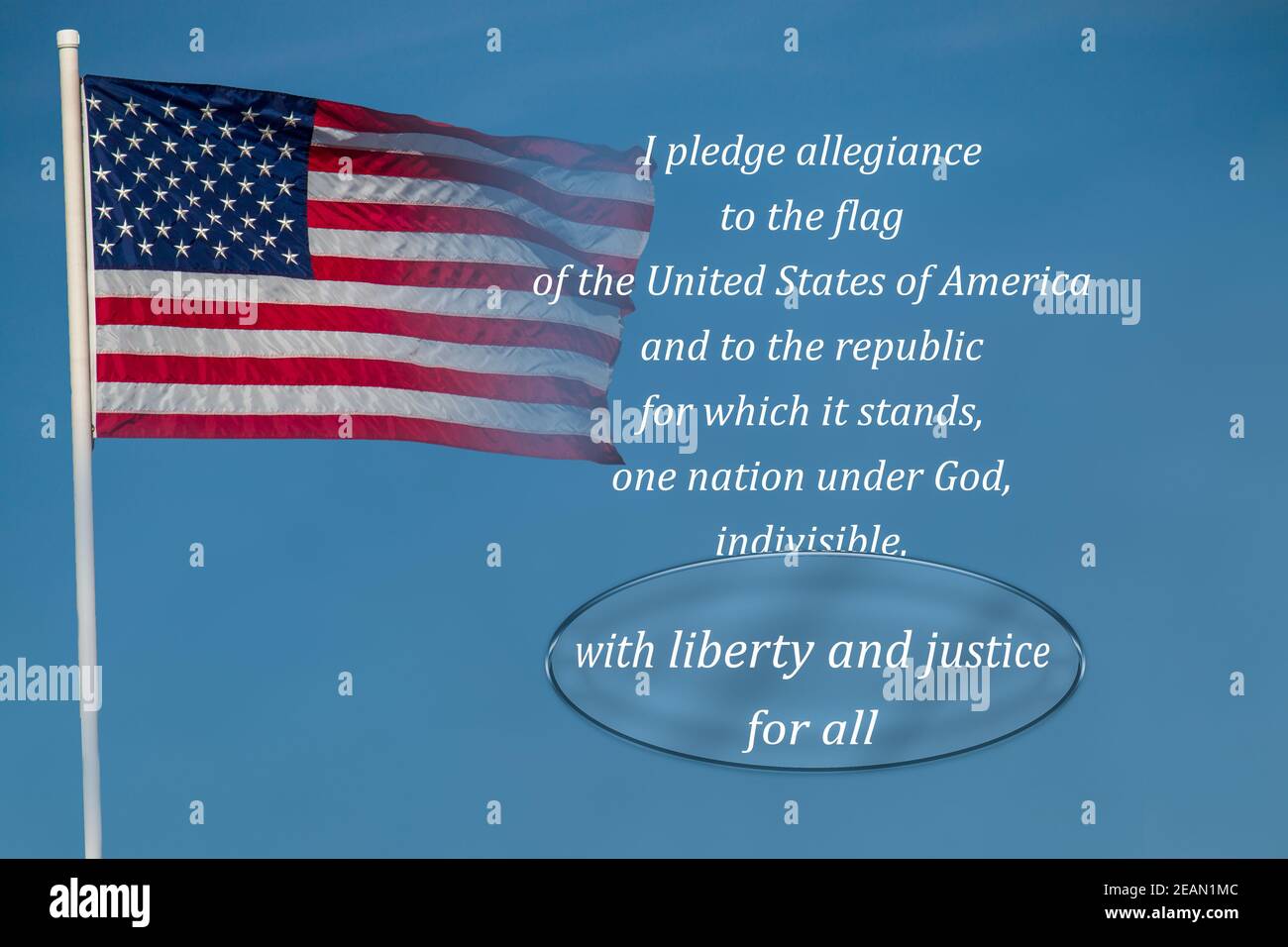 American flag and blue sky background for pledge of allegiance liberty and justice for all under a magnifying glass Stock Photo