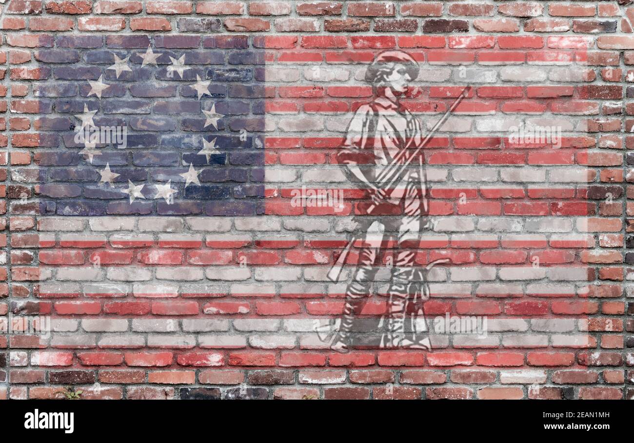 vintage American flag and revolutionary minute man painted on an old brick wall Stock Photo