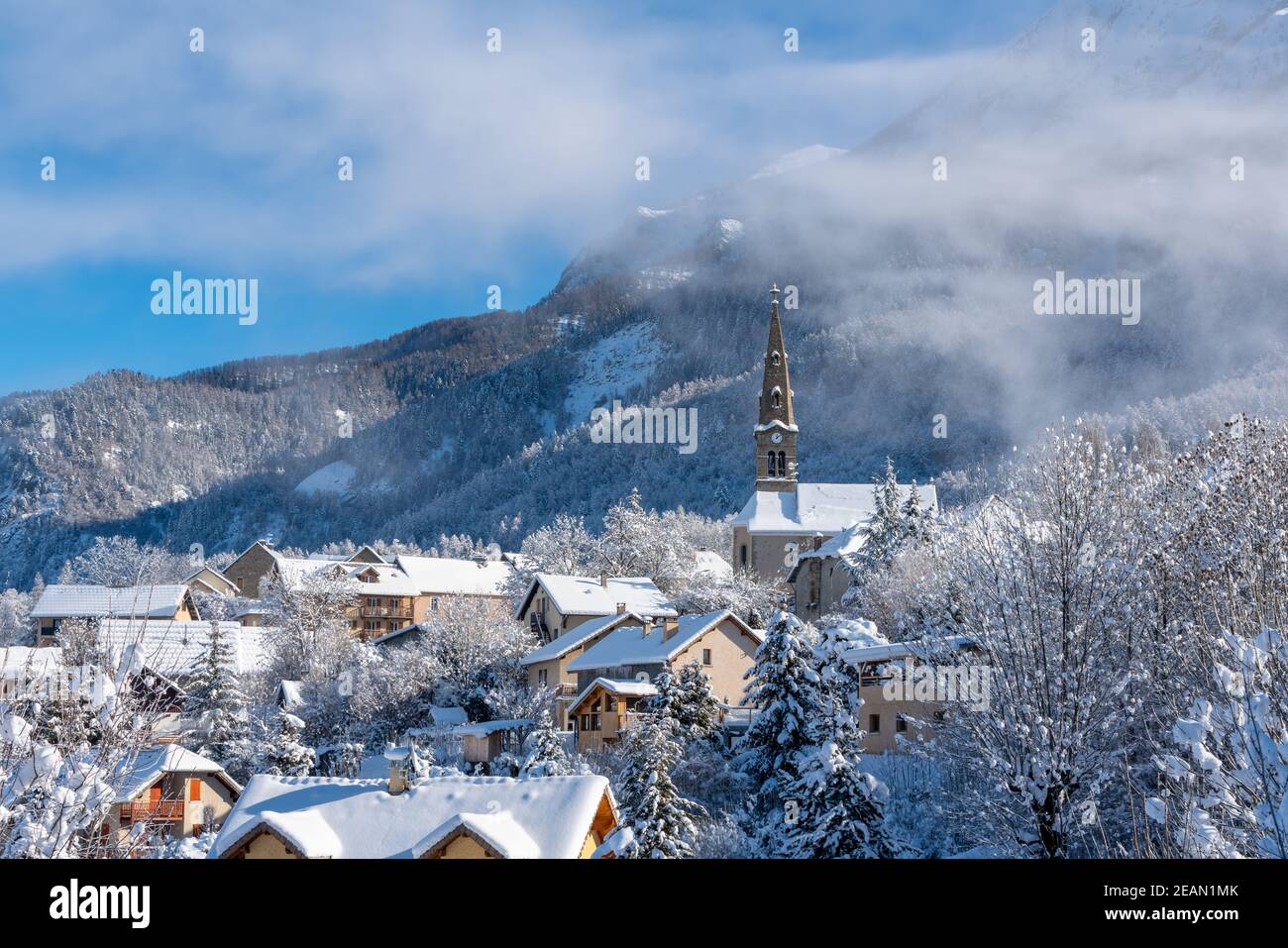 The village of Saint Leger les Melezes in the Champsaur Valley covered in  snow in winter. Ski resort in the Ecrins National Park, French Alps, Hautes  Stock Photo - Alamy