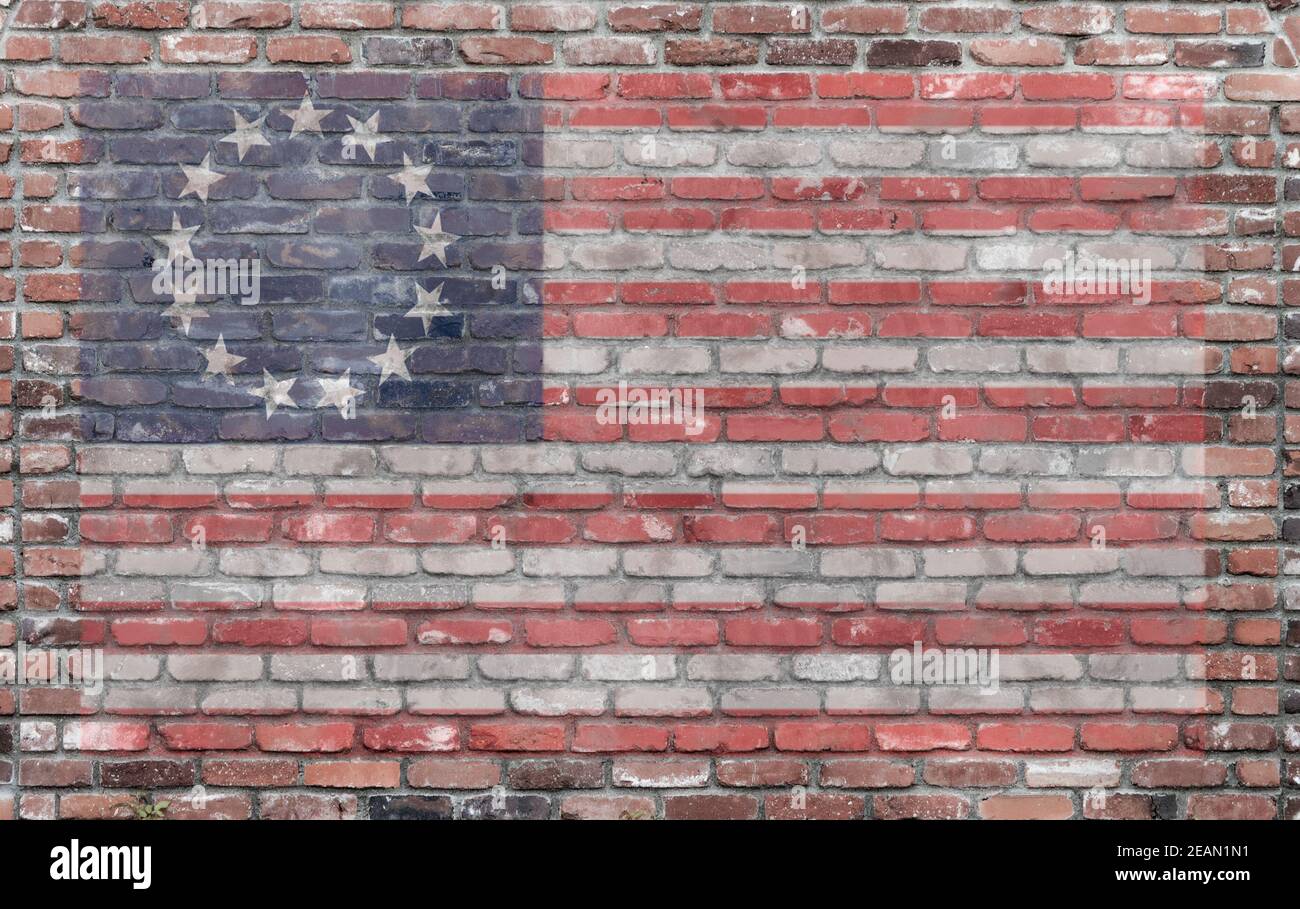 vintage first American flag birth of a nation painted on an old brick wall Stock Photo