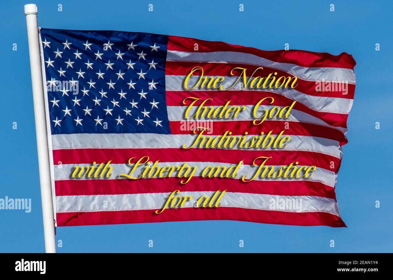 American flag for which it stands, one nation under god indivisible with liberty and justice for all, blue sky background pledge of allegiance Stock Photo