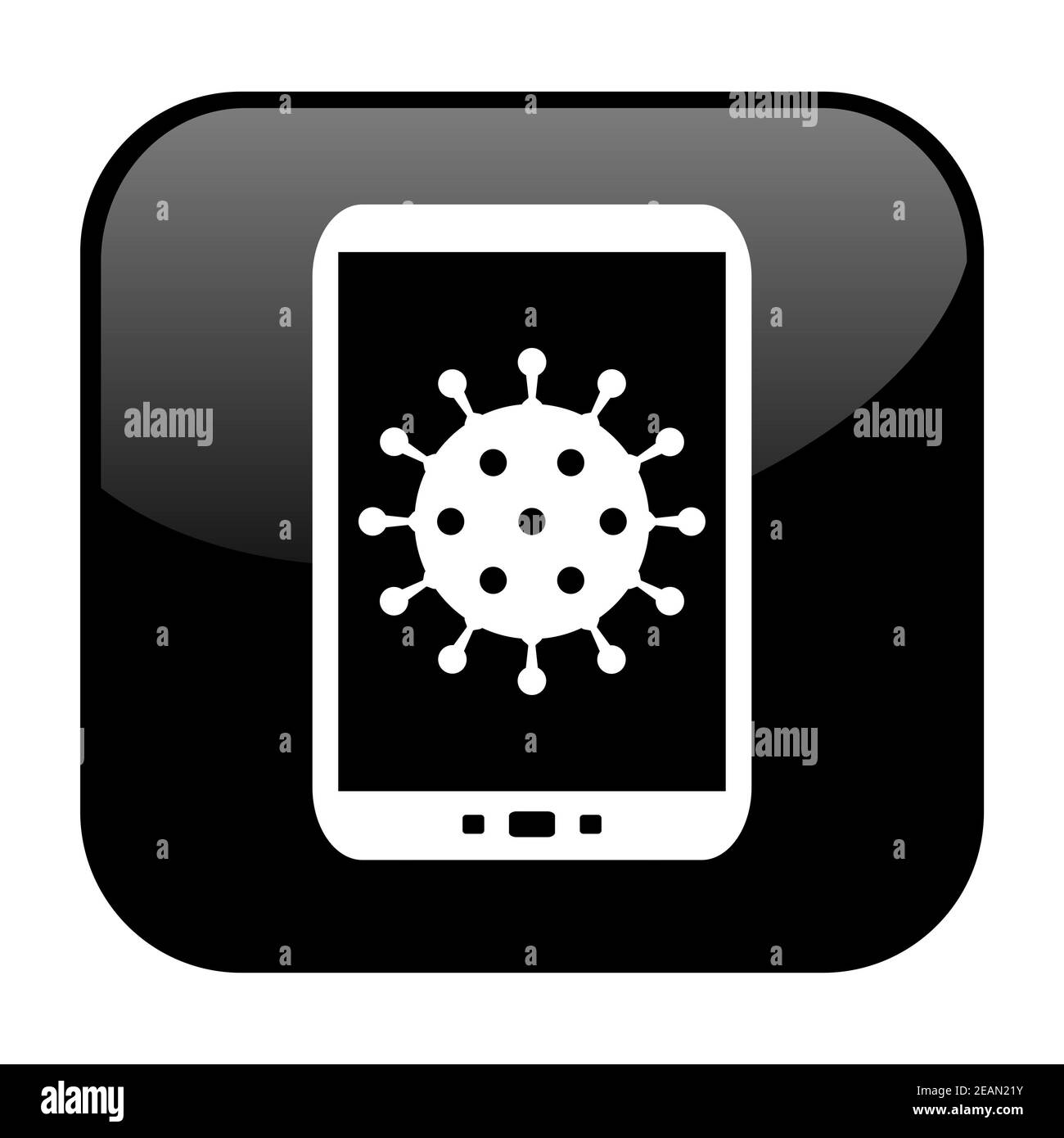 Smartphone with Coronavirus App Symbol on black Button Stock Photo