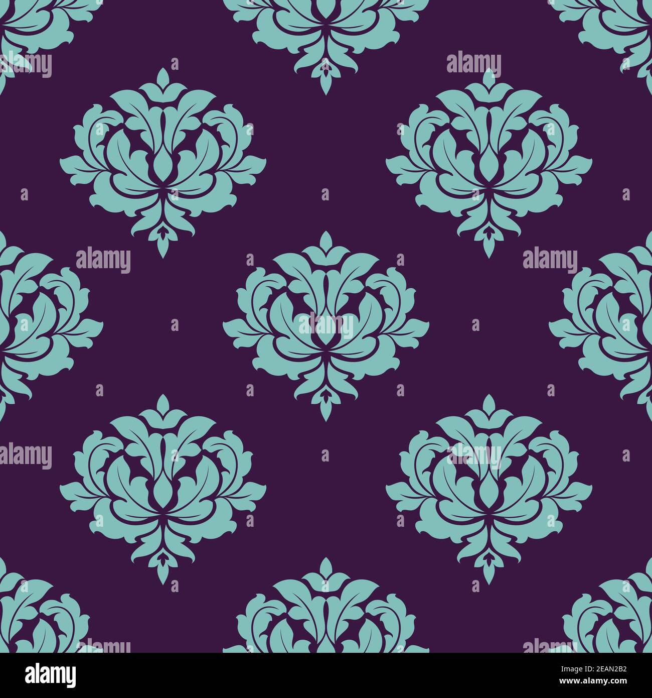 Turquoise colored floral seamless pattern in damask style motifs suitable for wallpaper, tiles and fabric design isolated on dark crimson colored back Stock Vector