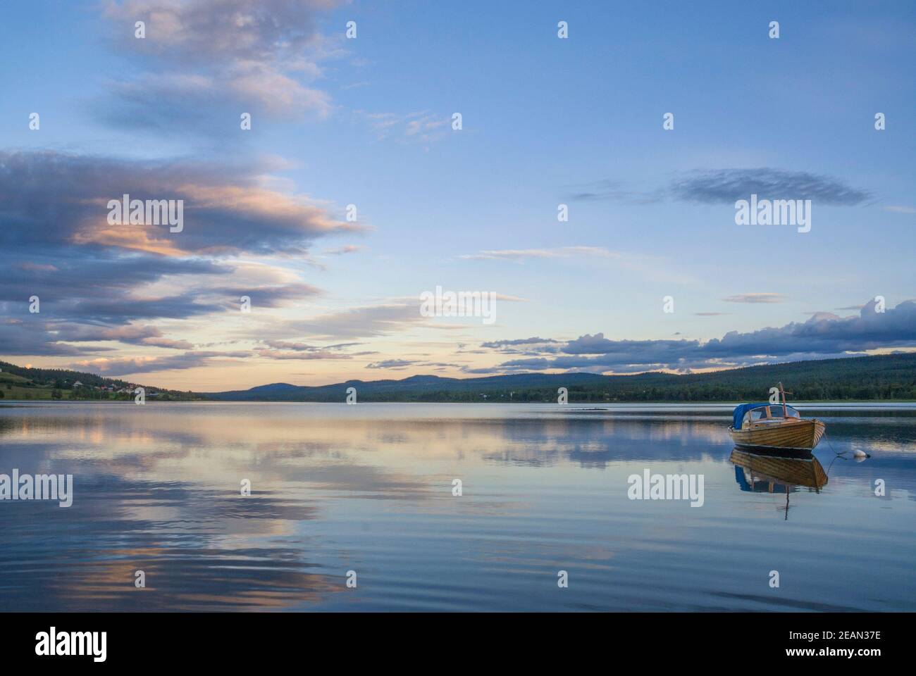 Small boat in lake Funasdalssjon Stock Photo