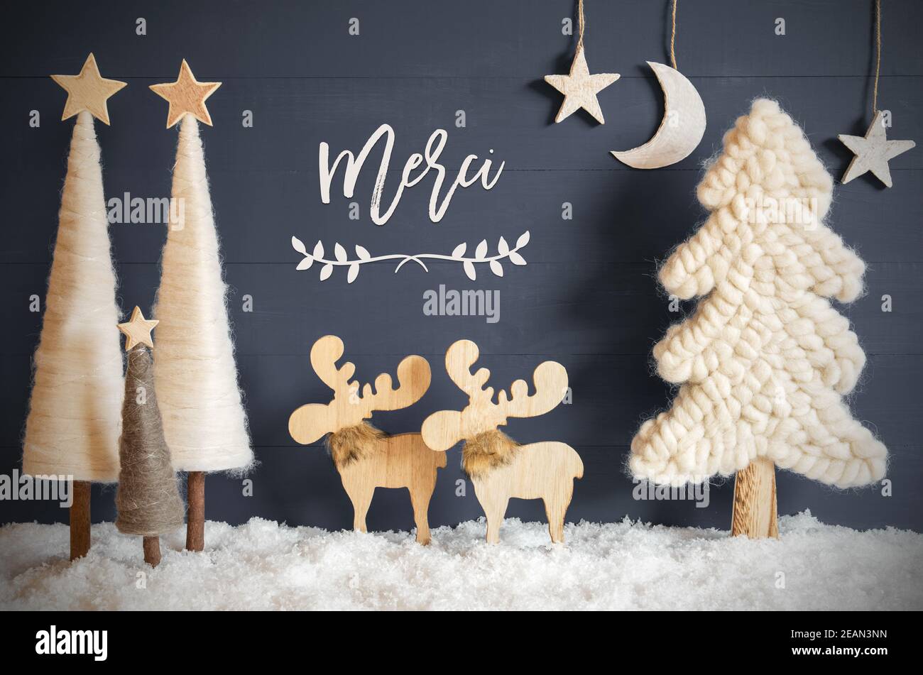 Christmas Tree, Moose, Moon, Stars, Snow, Merci Means Thank You Stock Photo