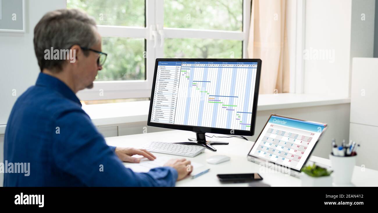 Scheduling Using A Computer Computer Screen Gantt List Schedule Stock Photo - Alamy