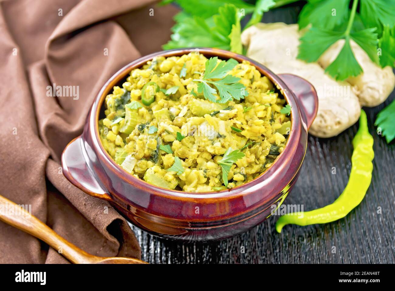 Kitchari in bowl on board Stock Photo