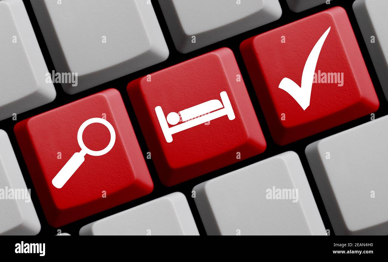 Search for Hotels - Icons on computer keyboard Stock Photo