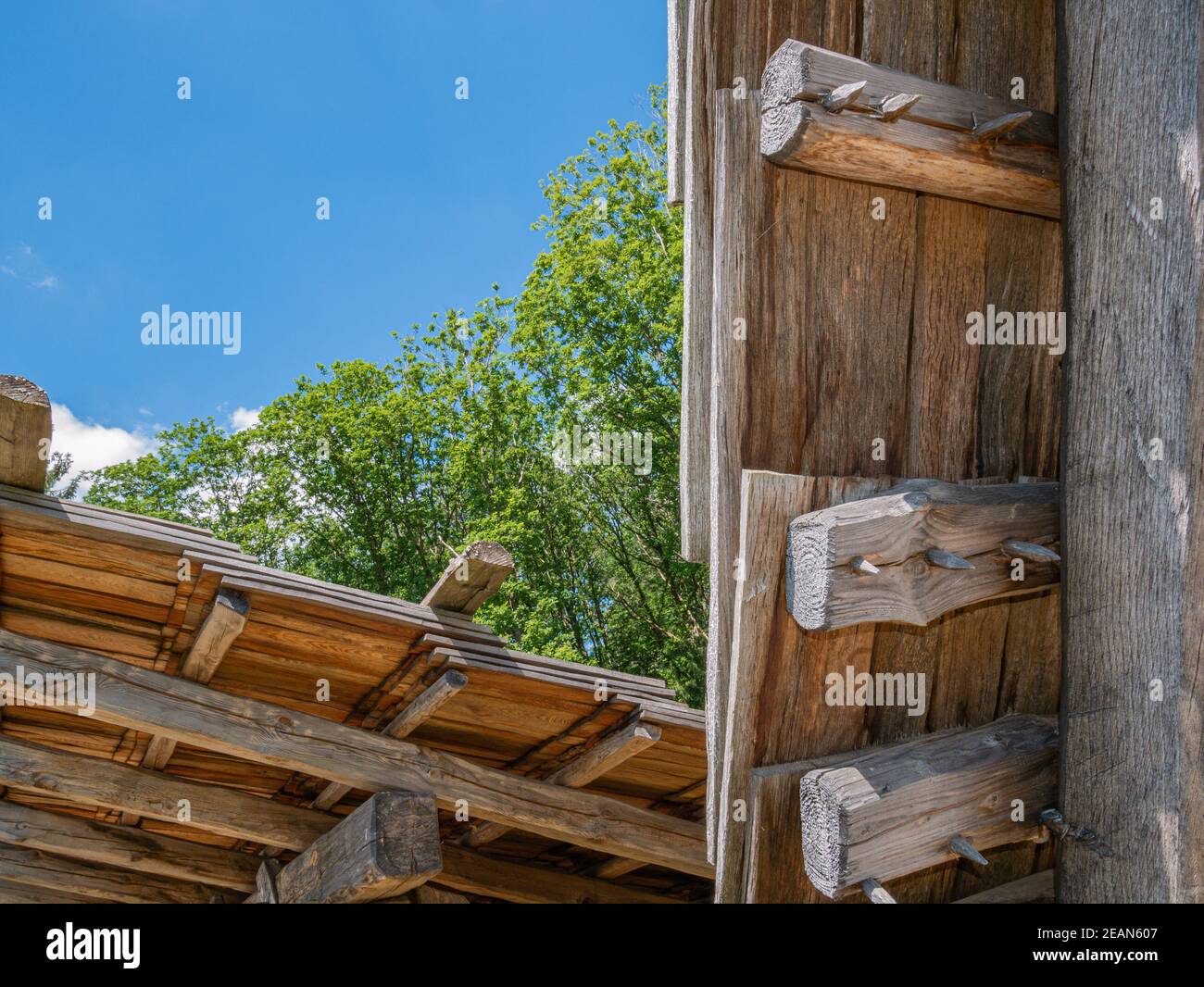 Roof shingles fixed with wooden nails on roof Stock Photo