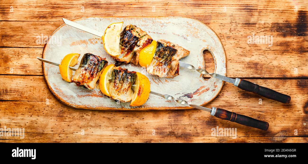 Barbecue mackerel fish on skewers Stock Photo Alamy