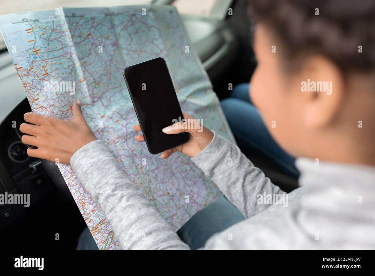 Auto tourist making plans, road trip and vacation Stock Photo