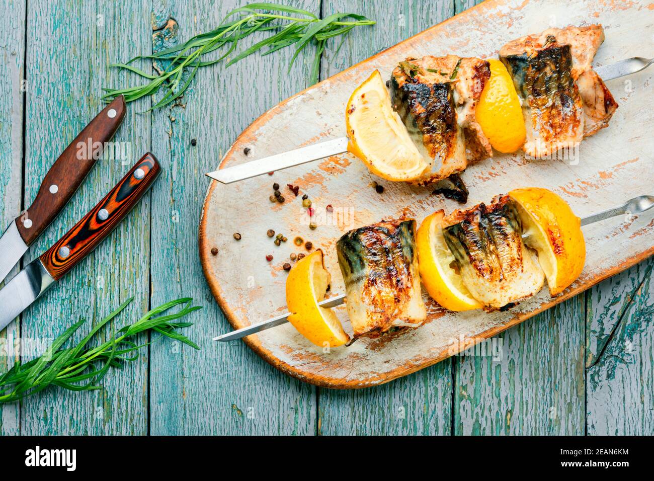 Barbecue mackerel fish on skewers Stock Photo Alamy