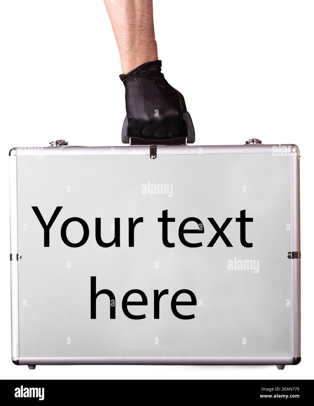 Large aluminum suitcase and hands in black safety gloves Stock Photo