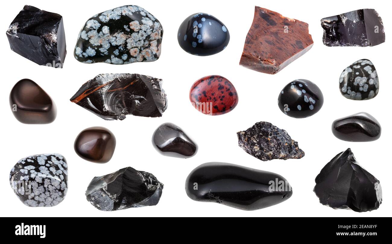 set of various Obsidian natural mineral stones Stock Photo