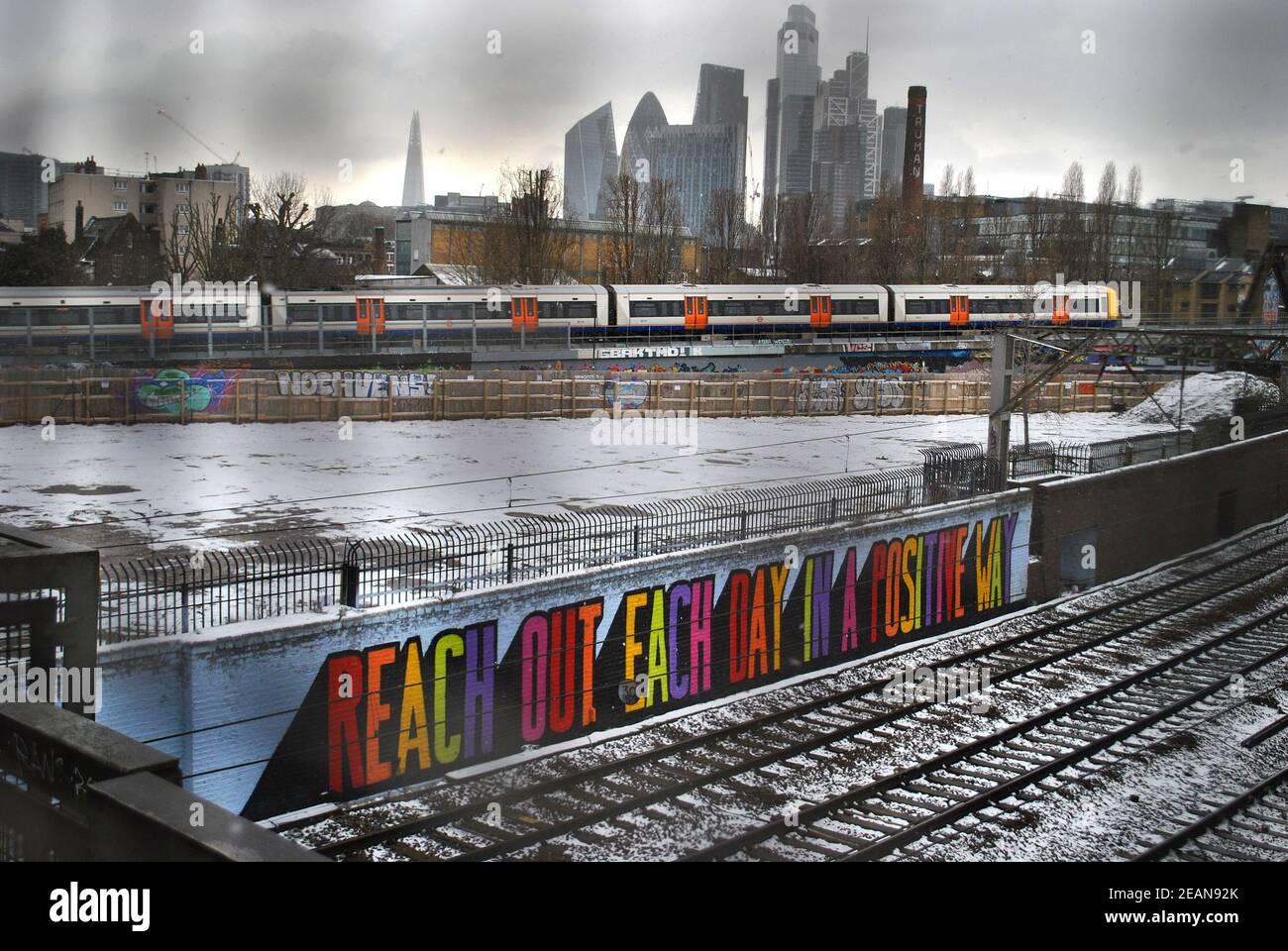 Commissioned trackside artwork which intends to inspire rail passengers as they travel into & out Londons' Liverpool Street station. Stock Photo