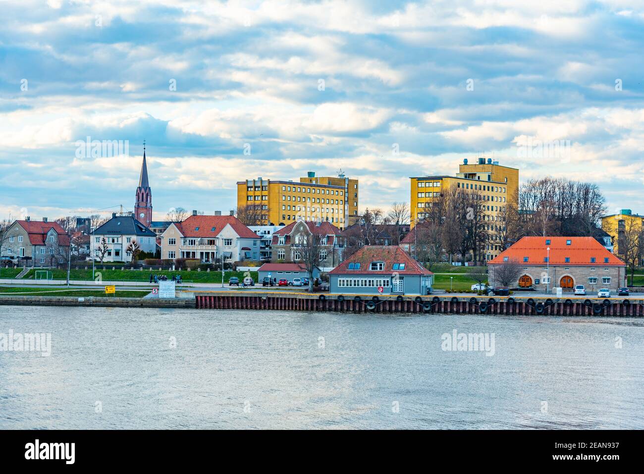 Modern town of Fredrikstad viewed across river Glomma, Norway Stock Photo