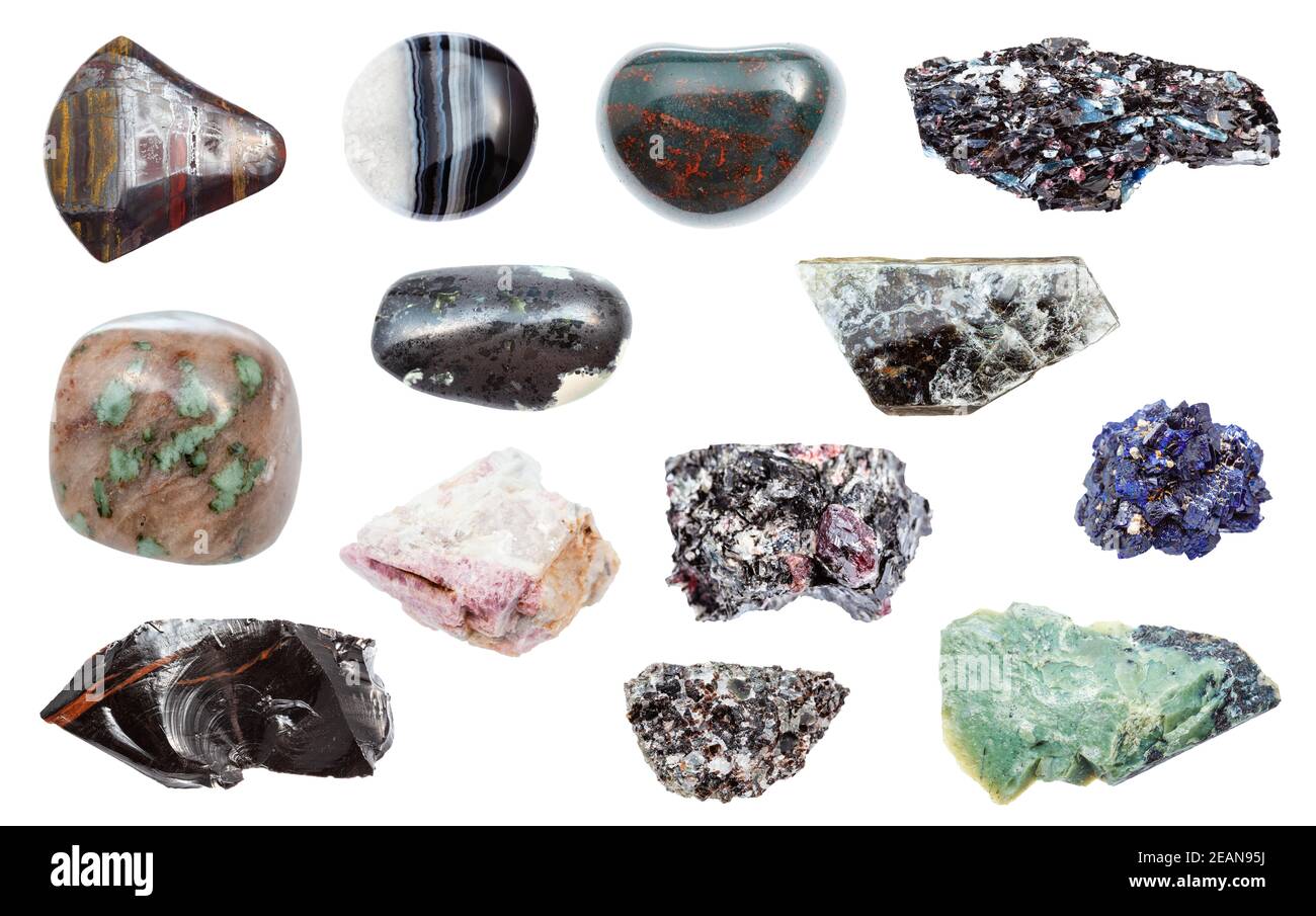 set of various samples of natural rocks isolated Stock Photo
