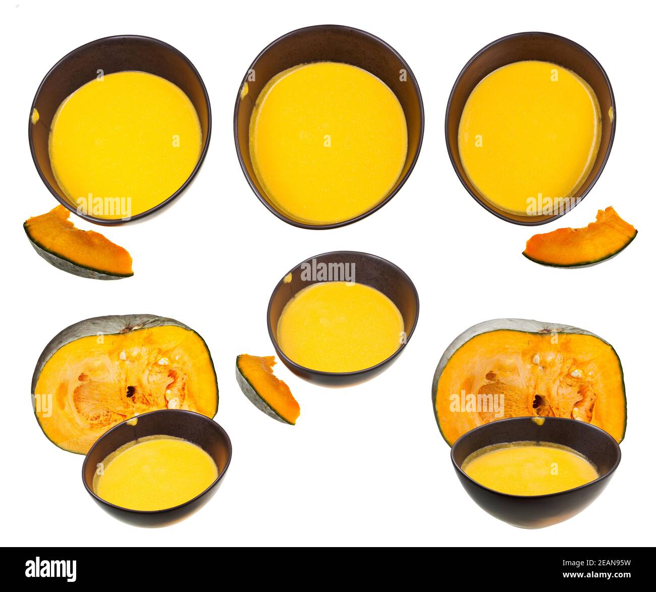 set of pumpkin soup in ceramic bowl isolated Stock Photo