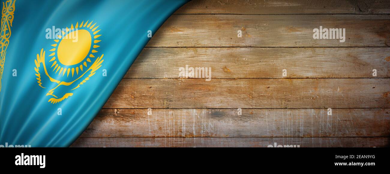 Kazakhstan flag on vintage wood wall banner Stock Photo Alamy