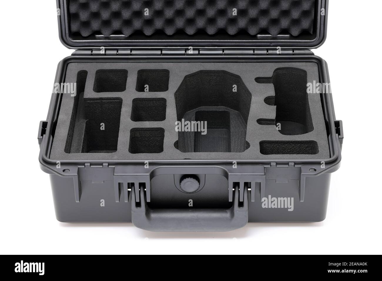 Open black hard plastic case with foam inside isolated on white background Stock Photo