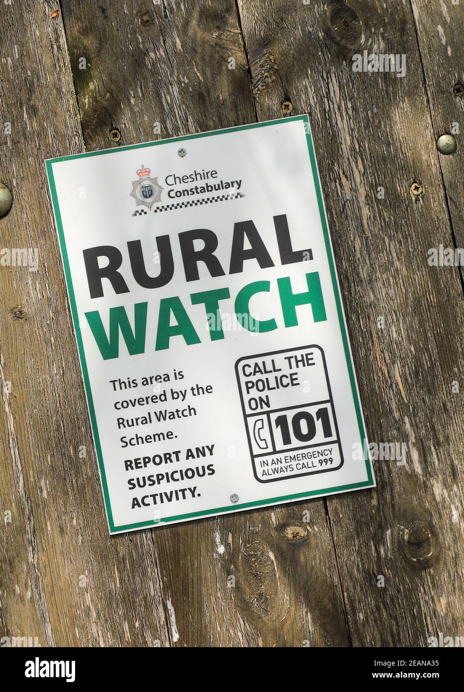 A sign for Rural Watch, an initiative by Cheshire Police to help stop crime in rural areas, Cheshire, England, UK Stock Photo