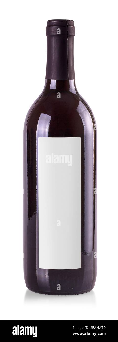 Red wine bottle, with real paper blank label. Isolated on white. Stock Photo