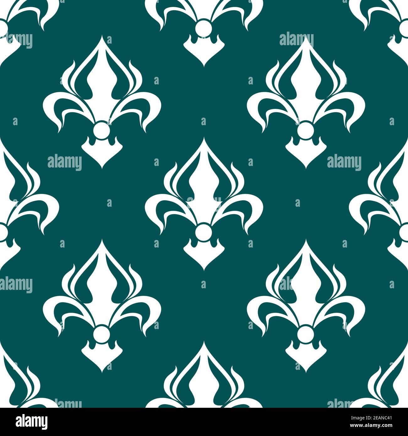 Seamless floral fleur-de-lis royal white lily pattern on dark turquoise