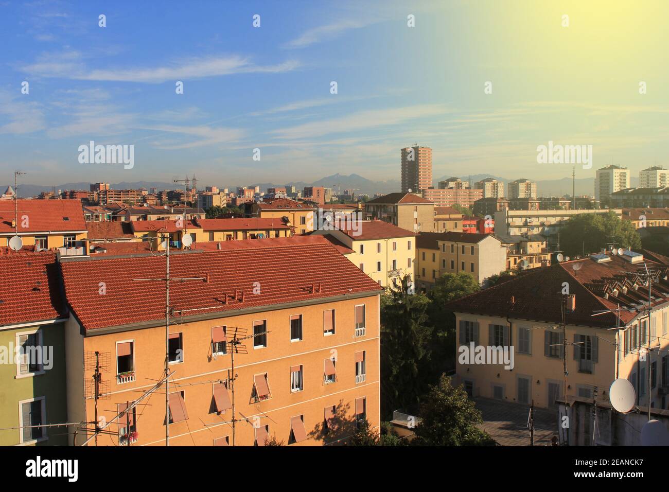 Milan skyline with blue sky , Italy. Panorama of Milano city for background Stock Photo
