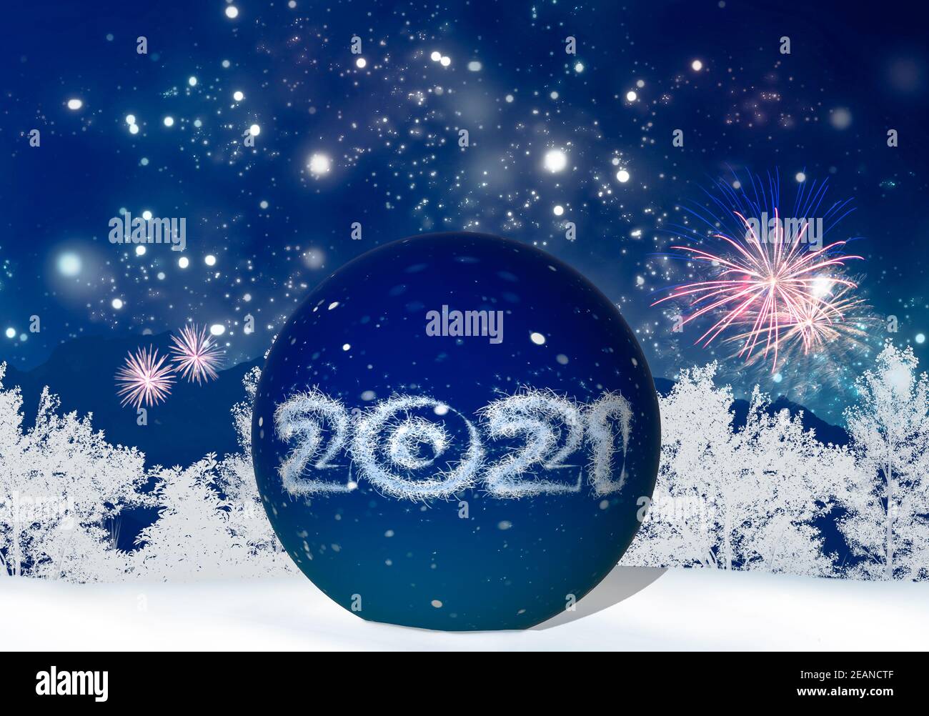 New Year's Eve illustration with year 2021 and fireworks on a wintery background Stock Photo