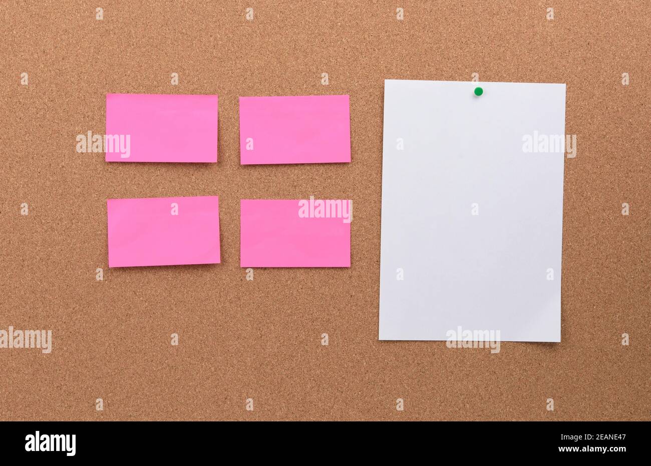 empty pink and white blank pieces of paper pinned on a cork board Stock