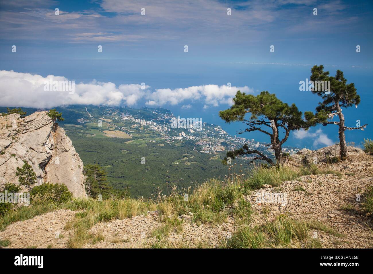 View of Yalta coastline from Al Petri Mountain, Crimea, Ukraine, Europe Stock Photo