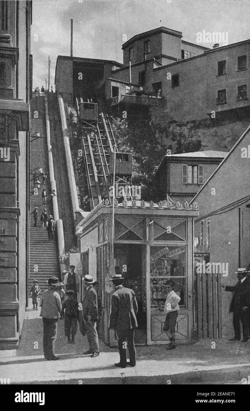 An early 20th century print of cable cars or funicular elevators and steep streets of Bellavista Hill Valparaiso Chile South America circa 1920 Stock Photo