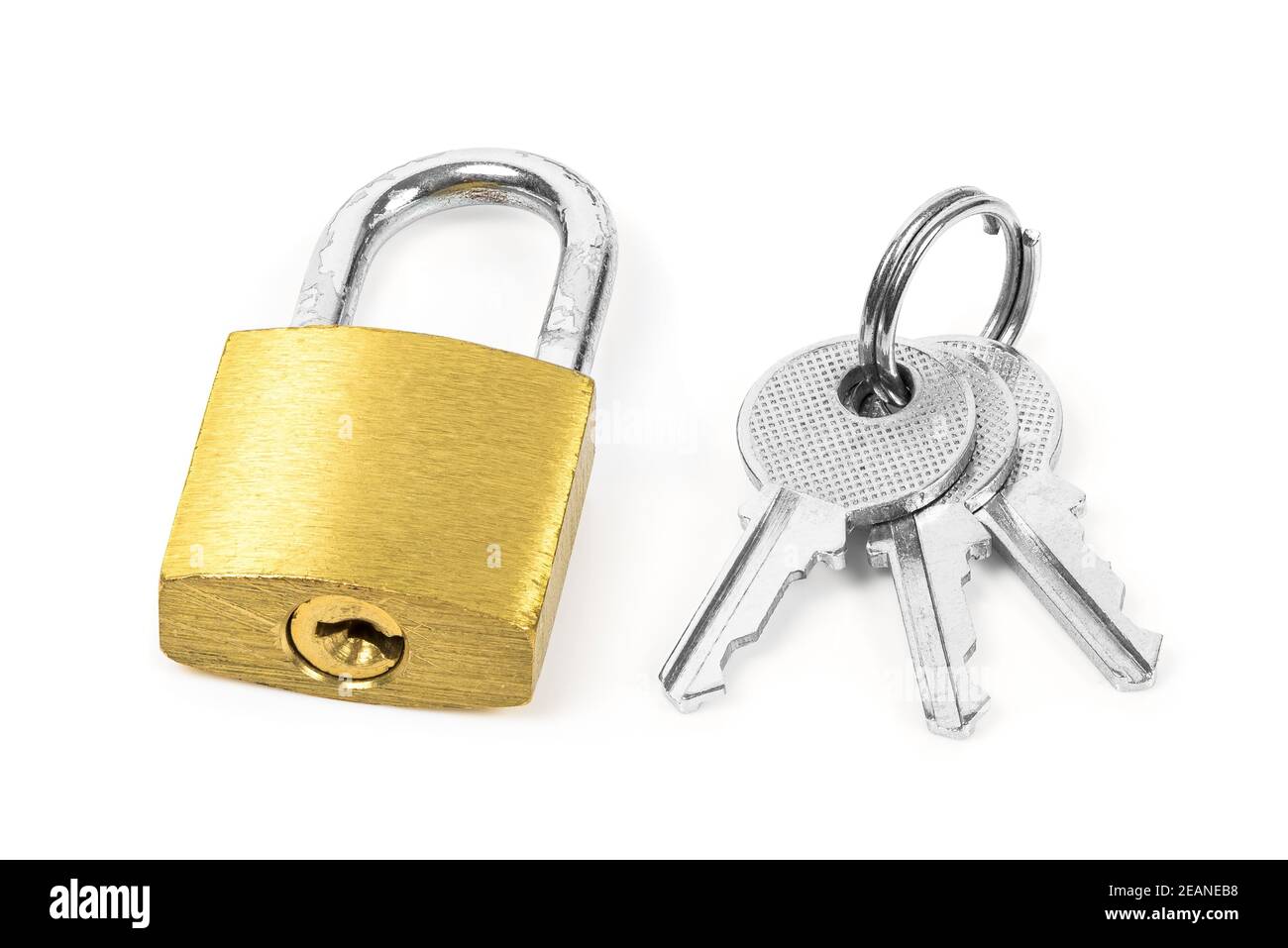 Locked padlock and the keys on white background Stock Photo