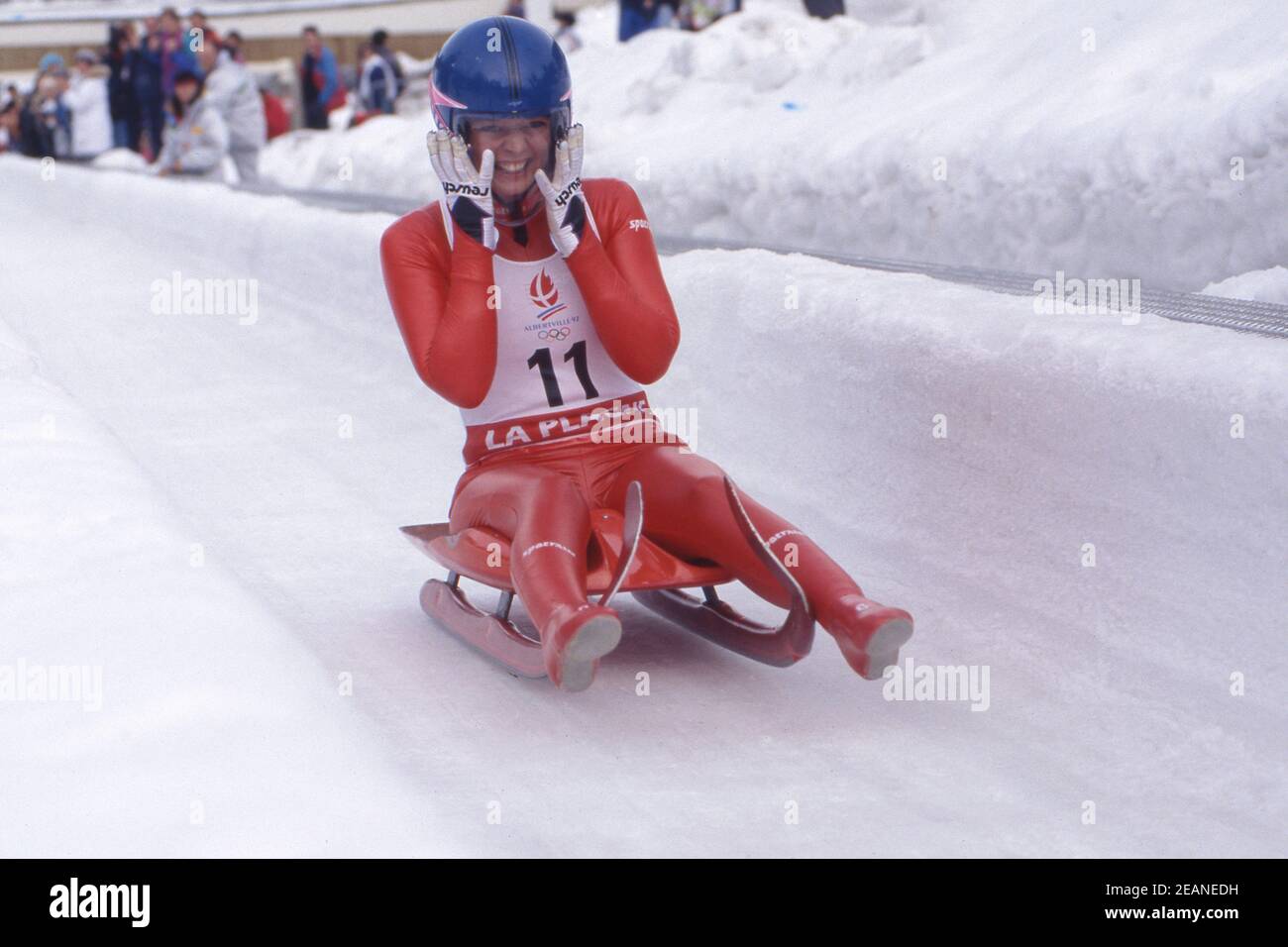Angelika NEUNER, 2nd place silver medal, AUT, action, finish arrival, at the finish, jubilation, cheering, joy, cheers, luge, luge women's luge, Olympic Games in Albertville/France, from 09.02.-22.02.1992, Â | usage worldwide Stock Photo