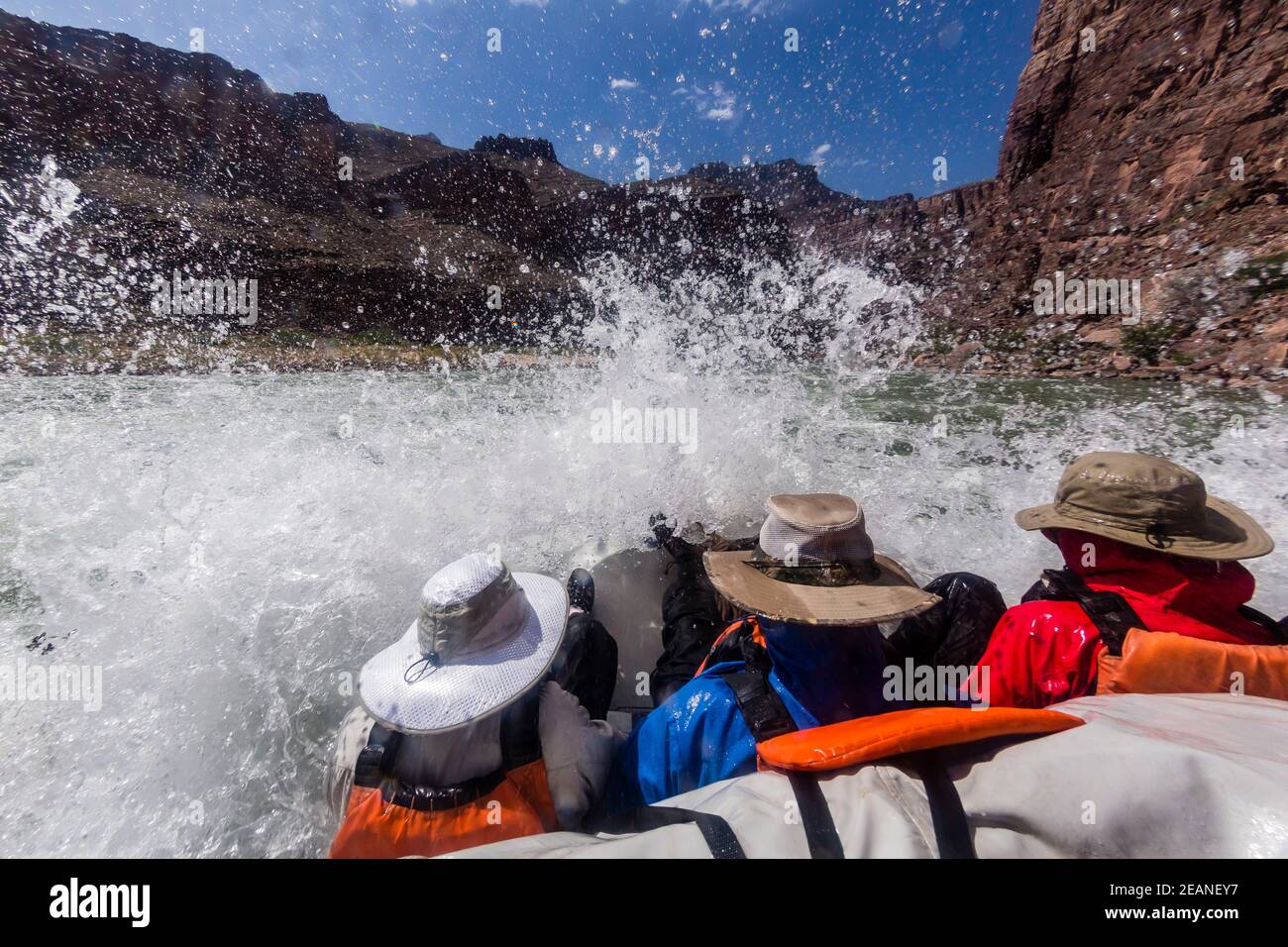 Shooting the rapids in a raft on the Colorado River, Grand Canyon National Park, UNESCO World Heritage Site, Arizona, United States of America Stock Photo