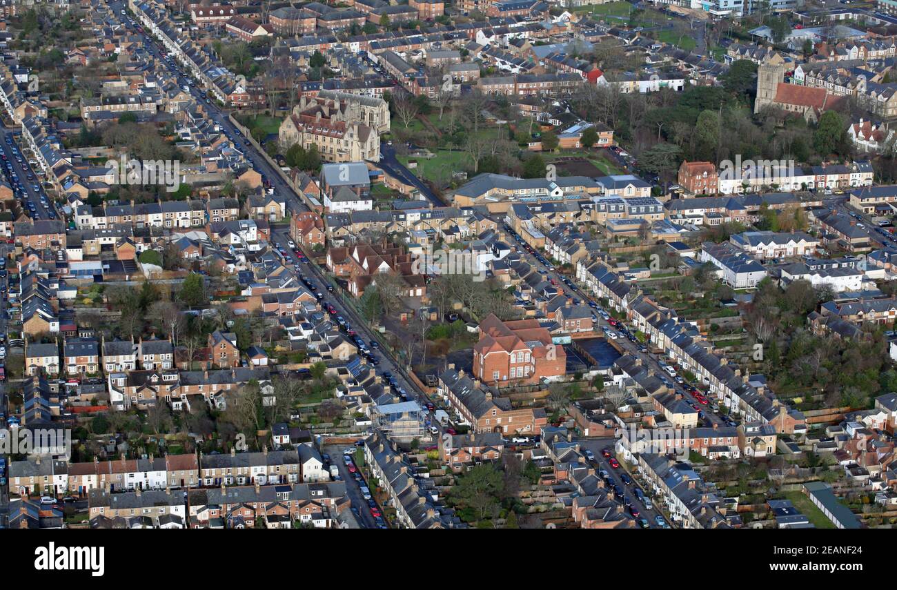 aerial view of Comper Foundation Stage School, with St John's Care Home further up St Mary's Road, Cowley, Oxford Stock Photo