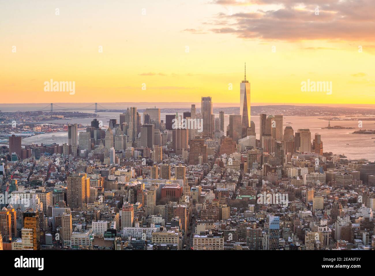 Aerial view of Manhattan skyline at sunset, New York City Stock Photo ...