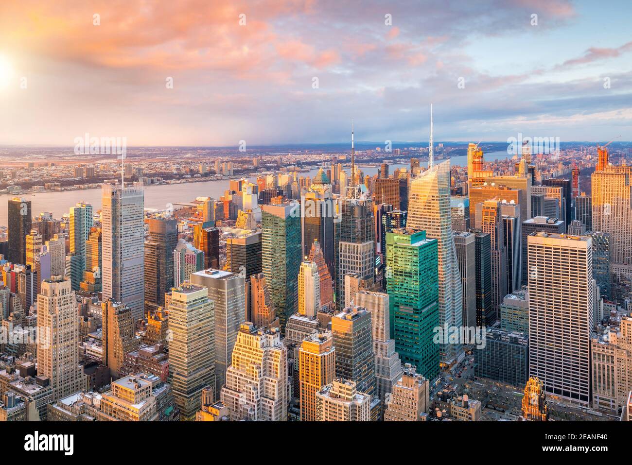 Aerial view of Manhattan skyline at sunset, New York City Stock Photo ...