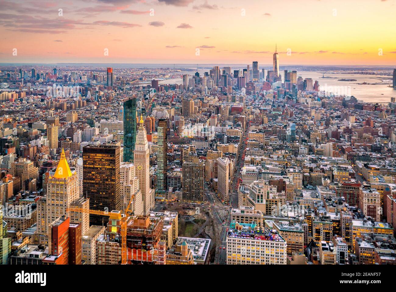 Aerial view of Manhattan skyline at sunset, New York City Stock Photo ...