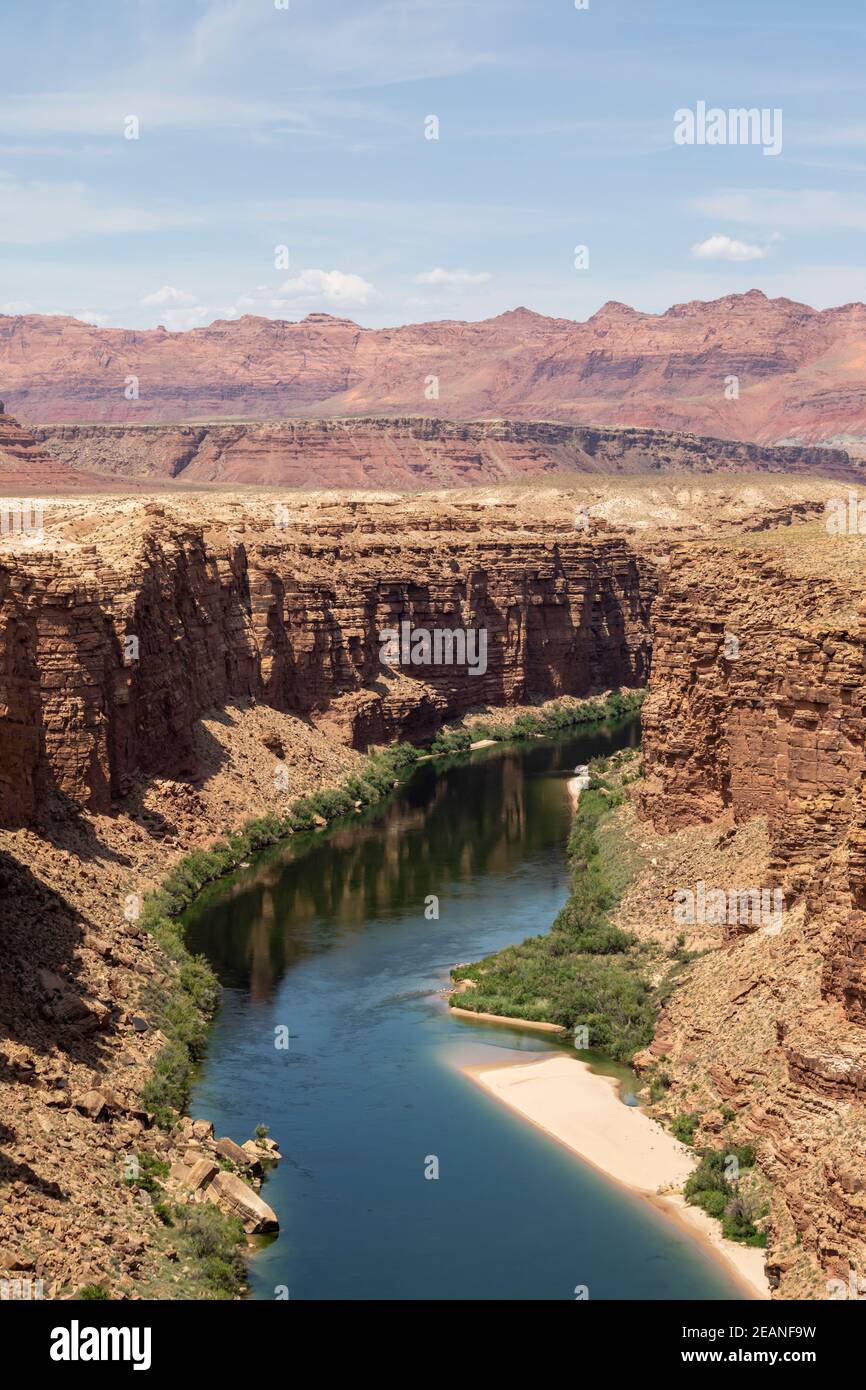 View of the Colorado River from the Glen Canyon Dam Bridge on Highway 89, Arizona, United States of America, North America Stock Photo