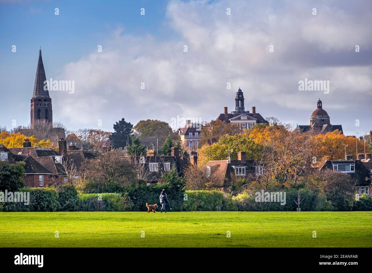 Hampstead Garden Suburb, skyline of the early 20th century suburb in autumn with spire of St. Jude's church Stock Photo