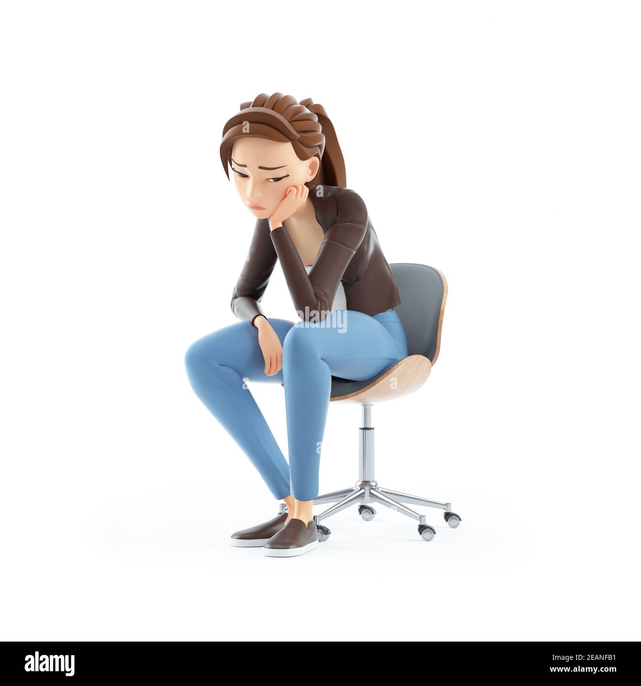 3d bored cartoon woman sitting on chair, illustration isolated on white  background Stock Photo - Alamy